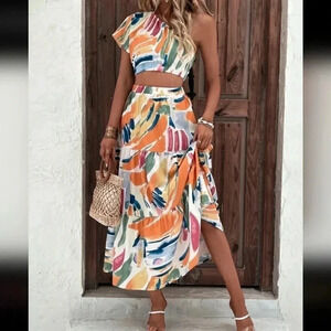 Allover Print Crop One Shoulder Blouse & Ruffle Hem Skirt